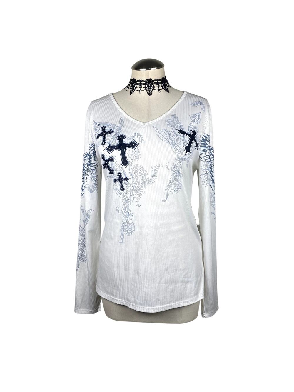 Y2K Style Cross Rhinestone Wings V Neck Long Sleeve Mallgoth Grunge Emo Alt XL